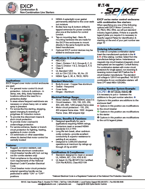 EXCP Explosion Proof Combination and Non-Combination Starters Spike Electric Catalog