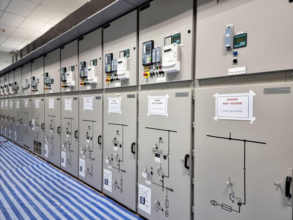 Electrical Switchgear like that which Spike Electric Controls produces with Danger High Voltage warnings.